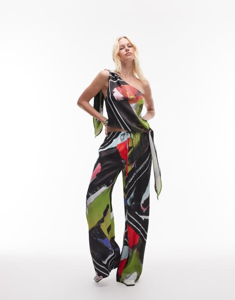 Topshop satin wide leg trouser in scarf print