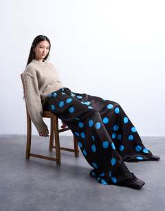 Satin wide leg trousers in blue and brown polka dot