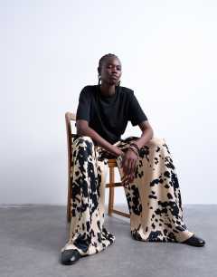 Satin wide leg trousers in cow print