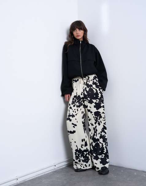 Topshop satin wide leg with tie waist pants in cow print - view 1