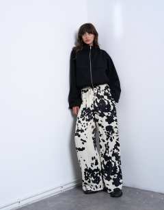Satin wide leg with tie waist trouser in cow print