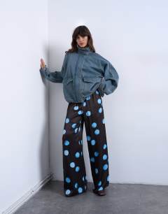 Satin wide leg with tie waist trouser in polka dot