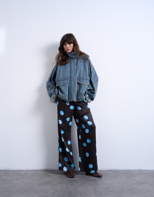 Topshop satin wide leg with tie waist trouser in polka dot, 3 of 5