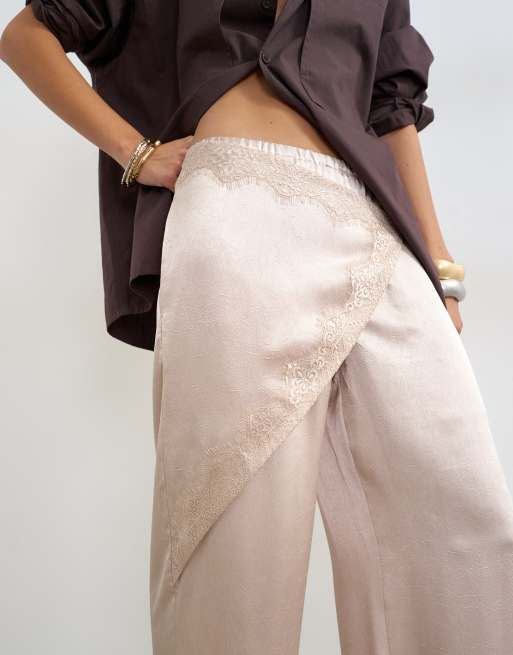 Topshop satin wrap around lace detail pants in oyster, 3 of 5