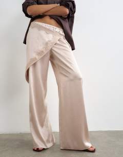 Satin wrap around lace detail trouser in oyster