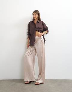 Model wearing Satin wrap around lace detail trouser in oyster