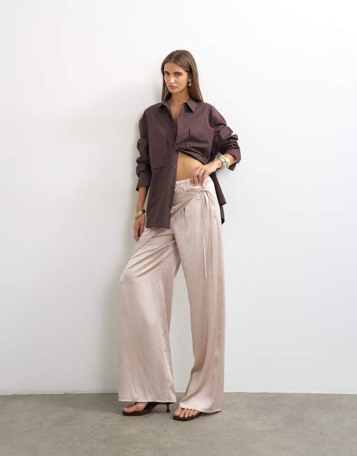 Topshop satin wrap around lace detail trouser in oyster, 2 of 5