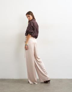Model wearing Satin wrap around lace detail trouser in oyster