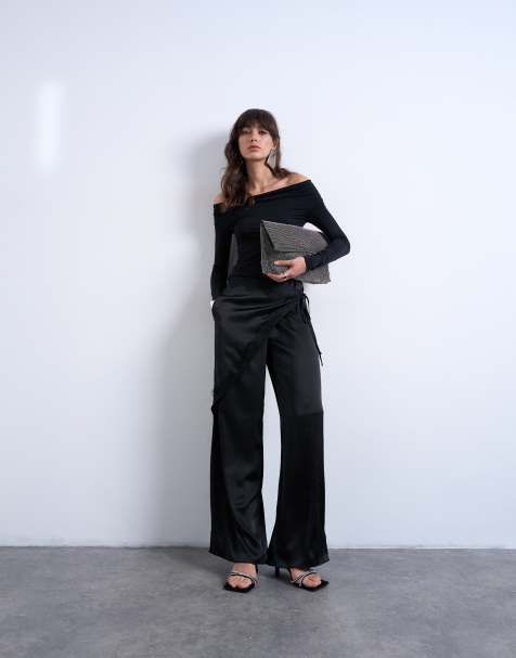 Topshop satin wrap around with lace wide leg trouser in black - view 1