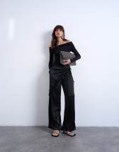 Topshop satin wrap around with lace wide leg trouser in black