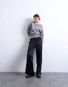 Satin wrap around with lace wide leg trouser in black