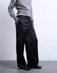 Model wearing Satin wrap around with lace wide leg trouser in black