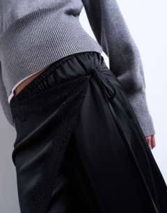 Model wearing Satin wrap around with lace wide leg trouser in black