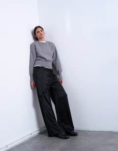 Model wearing Satin wrap around with lace wide leg trouser in black