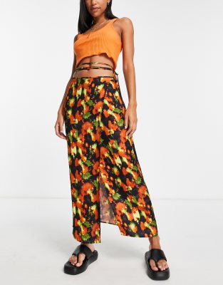 Topshop Satin Wrap Blur Acid Tortoise Midi Skirt In Rust And Lime-brown