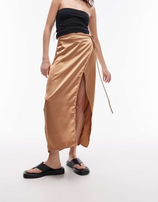 Topshop satin wrap midi skirt in camel - part of a set