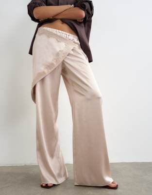 Topshop Satin Wraparound Lace Detail Pants In Neutral