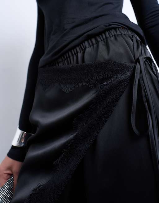 Topshop satin wraparound with lace wide leg pants in black, 4 of 5