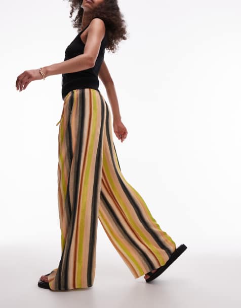 Topshop - Satinbukser med bindetalje, brede ben og ferskenfarvede striber - view 1