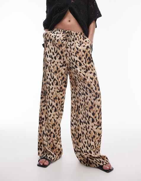 Topshop - Satinbukser med lige ben og bindebånd i taljen i lyst leopardprint - view 1