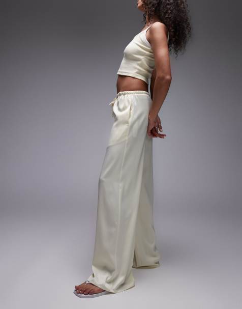Topshop – Satinhose in Buttermilchgelb mit Kordelzugbund und weitem Bein - view 1