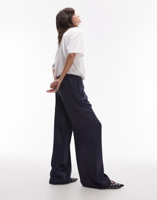 Topshop – Satinhose in Marineblau mit Kordelzugbund, 4 von 5