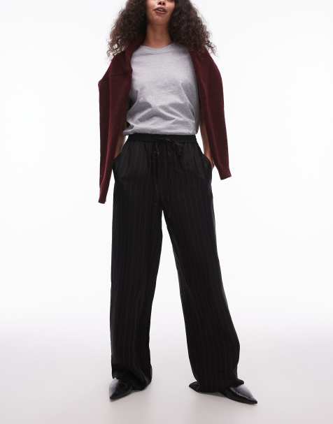 Topshop – Satinhose in Schwarz mit Kordelzugbund und Nadelstreifen - view 1