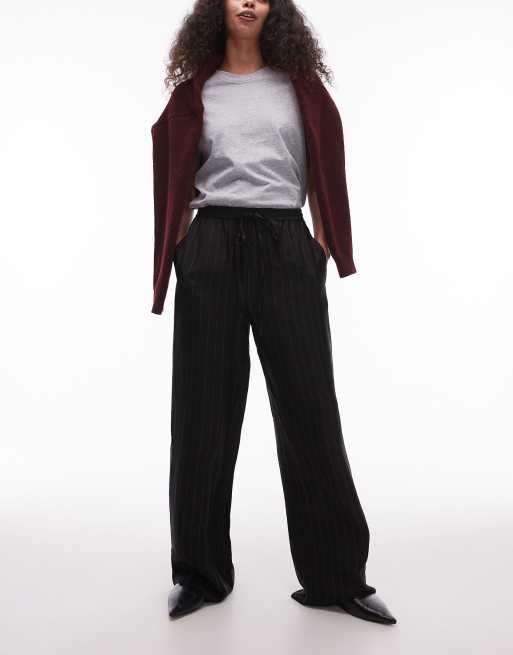 Topshop – Satinhose in Schwarz mit Kordelzugbund und Nadelstreifen