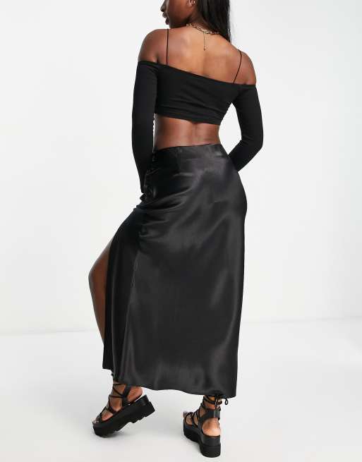 Topshop – Satinrock in Schwarz mit langem Schlitz, Kombiteil, 2 von 4
