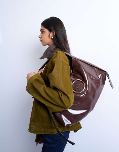 Topshop Saturn hardware shoulder bag in chocolate - view 1