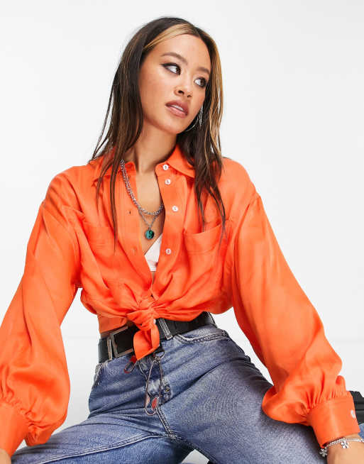 Topshop – Satynowa elegancka koszula w kolorze pomarańczowym