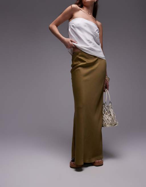 Topshop – Satynowa spódnica maxi ze skosu w kolorze khaki
