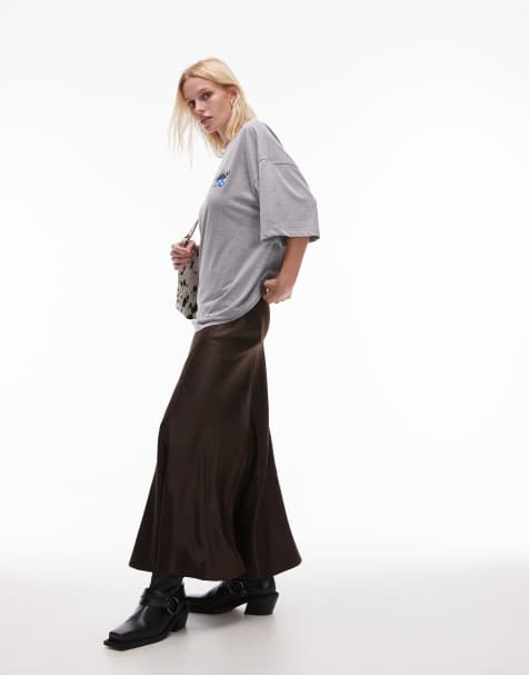 Topshop satin panelled seam godet maxi skirt in cocoa