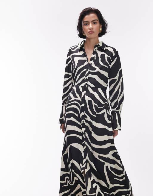 Topshop – Satynowa sukienka koszulowa midi w zwierzęcy wzór z marszczonym bokiem