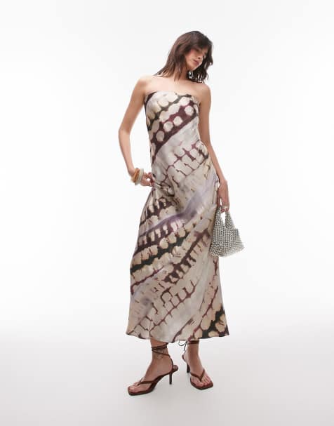 Topshop – Satynowa sukienka maxi z dekoltem bandeau w abstrakcyjny zwierzęcy wzór - view 1