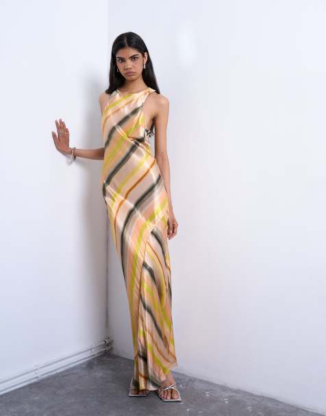 Topshop – Satynowa sukienka midi z zabudowanym dekoltem o fasonie bokserki w paski z efektem ombre - view 1