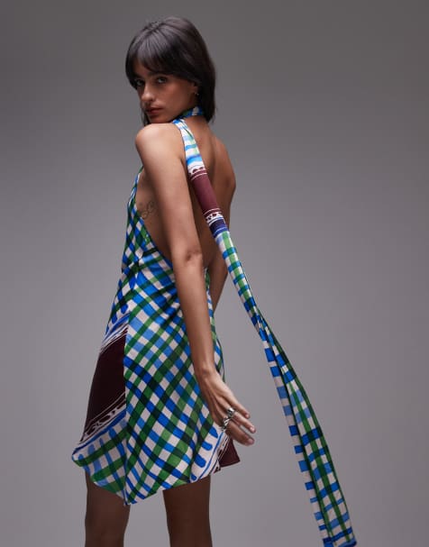 Topshop satin tie neck mini dress in scarf print