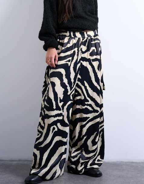 Topshop satin extreme wide leg cargo trouser in zebra print