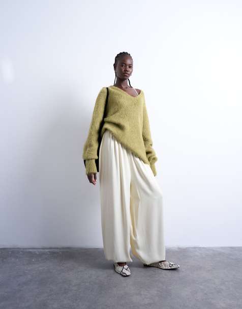 Topshop satin high waisted oversized balloon hem trousers in oyster