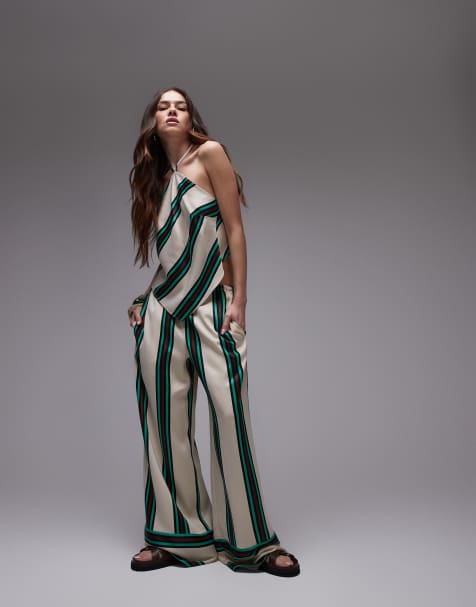 Topshop co ord mid-rise deep cuff satin trouser in beige with burgundy and teal stripe