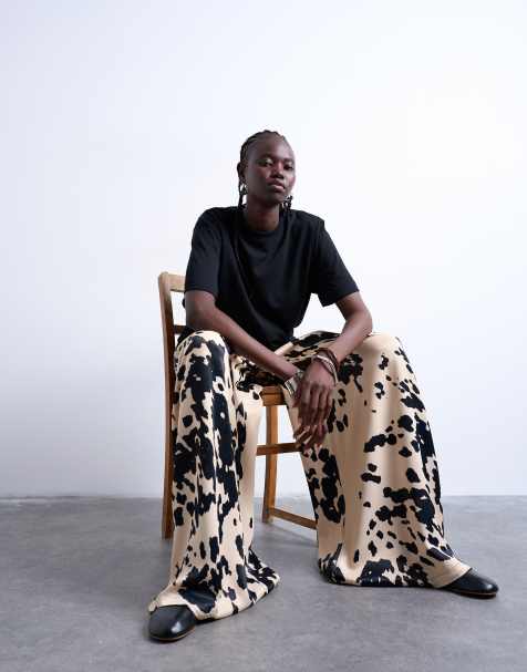 Topshop satin wide leg trousers in cow print