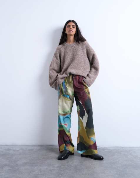 Topshop satin tie waist wide leg trouser in abstract print