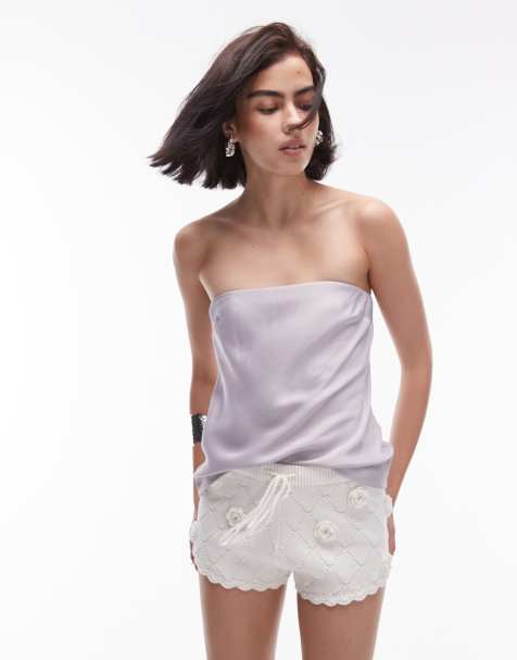 Topshop – Satynowy top o wydłużonym fasonie z dekoltem bandeau w kolorze fioletowym - view 1