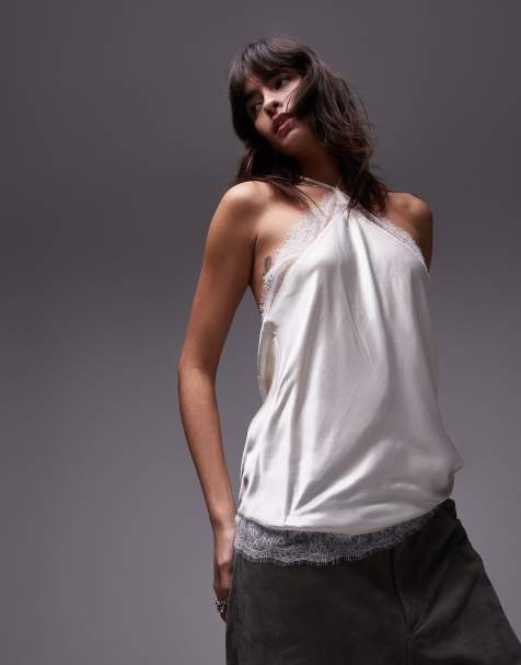 Topshop – Satynowy top z dekoltem halter i koronkowym wykończeniem w kolorze kości słoniowej - view 1