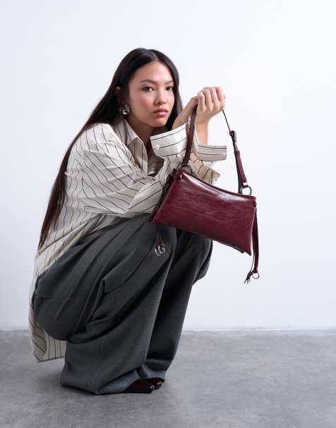Topshop Saxon textured shoulder bag in burgundy - view 1