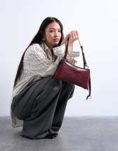 Topshop Saxon textured shoulder bag in burgundy