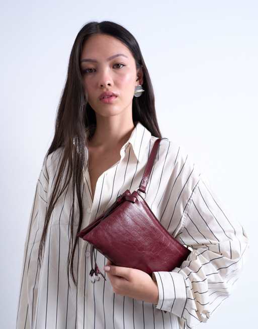 Topshop Saxon textured shoulder bag in burgundy