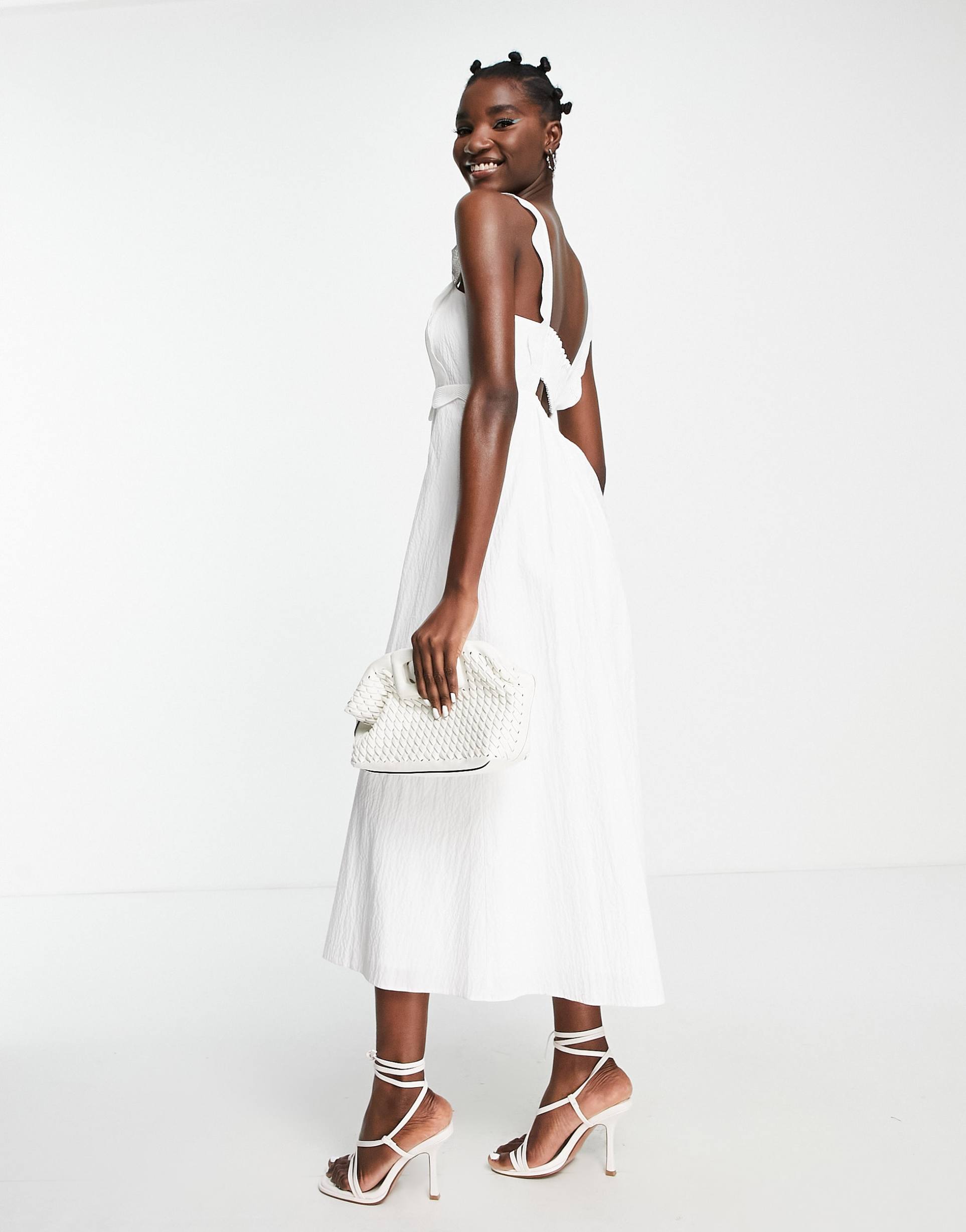 topshop scallop trim textured midi dress in white