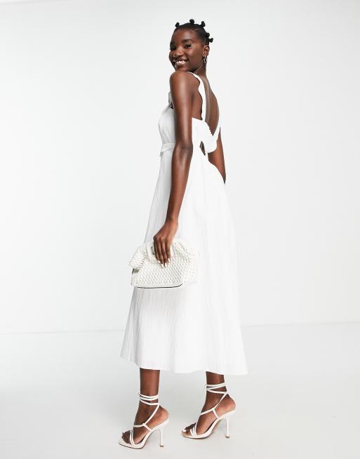 Topshop scallop trim textured midi dress in white | ASOS