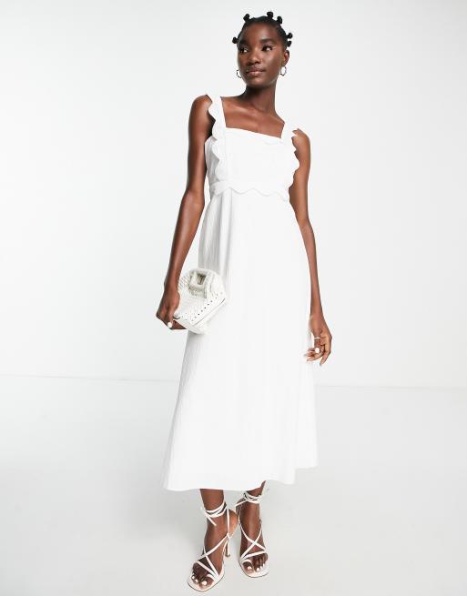 Topshop scallop trim textured midi dress in white | ASOS